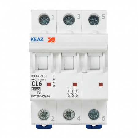 Выключатель автоматический трехполюсный 16А C 4.5кА AC OptiDin BM63-3C16-4.5-УХЛ3 КЭАЗ 326812