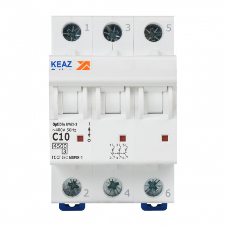 Выключатель автоматический трехполюсный 10А C 4.5кА AC OptiDin BM63-3C10-4.5-УХЛ3 КЭАЗ 326811
