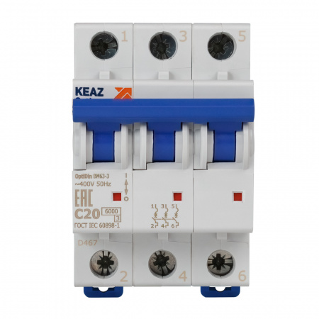 Выключатель автоматический трехполюсный 20А C 6кА AC OptiDin BM63-3C20-УХЛ3 КЭАЗ 260793