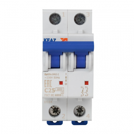 Выключатель автоматический двухполюсный 25А C 6кА AC OptiDin BM63-2C25-УХЛ3 КЭАЗ 260602