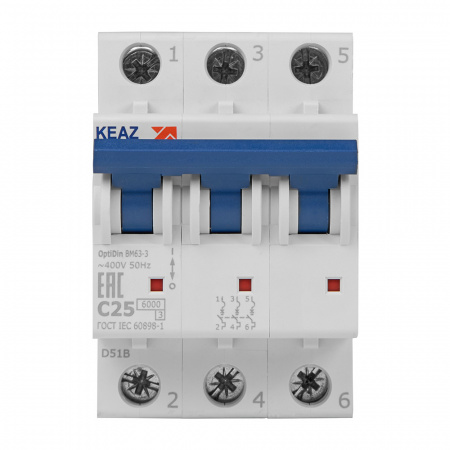 Выключатель автоматический трехполюсный 25А C 6кА AC OptiDin BM63-3C25-УХЛ3 КЭАЗ 260794