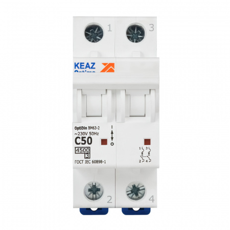 Выключатель автоматический двухполюсный 50А C 4.5кА AC OptiDin BM63-2C50-4.5-УХЛ3 КЭАЗ 326808