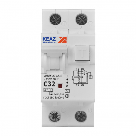 328101 Выключатель автоматический дифференциального тока АВДТ с защитой от сверхтоков 2П 32А 30мА AC 4.5кА OptiDin D63-22C32-AC-У3 КЭАЗ 