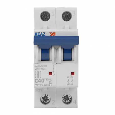 Выключатель автоматический двухполюсный 40А C 6кА AC OptiDin BM63-2C40-УХЛ3 КЭАЗ 260606