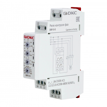 DRF-3-5 Реле контроля фаз, 3 фазы, контроль напряжения, контроль обрыва фаз, конфигурация контакта 2CO, 208-480В DKC 