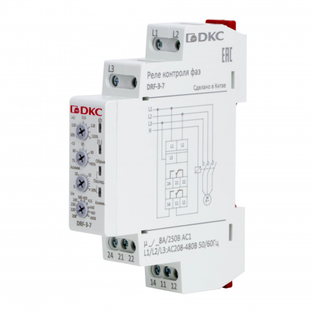 DRF-3-7 Реле контроля фаз, 3 фазы, контроль напряжения , контроль обрыва фаз, котроль чередования фаз, контроль асимметрии, конфигурация контакта 2CO, 208-480В DKC 
