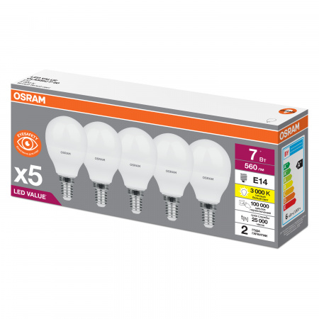 Лампа светодиодная LED 7 Вт E14 3000К 560Лм шарик 220 В (замена 60Вт) OSRAM упак 5 шт LEDVANCE 4058075578104