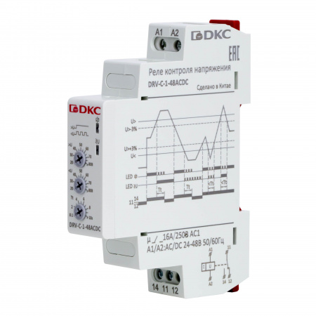 DRV-C-1-48ACDC Реле контроля напряжения однофазное, конфигурация контакта 1CO, 24-48В AC/DC DKC 