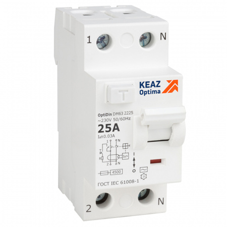 Выключатель дифференциального тока (УЗО) без защиты от сверхтоков 2П 25А 10мА AС 4.5кА OptiDin DM63-2125-AC-4.5-УХЛ4 КЭАЗ 343882