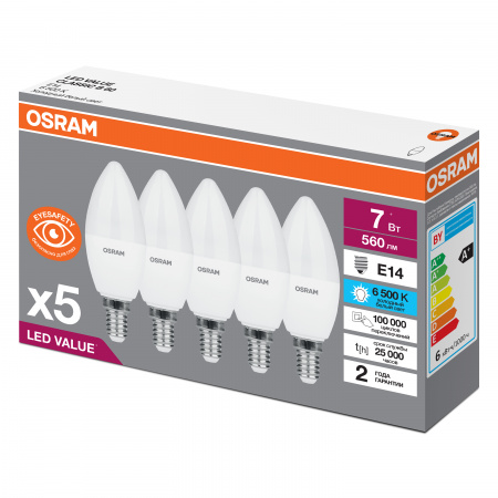 Лампа светодиодная LED 7 Вт E14 6500К 560Лм свеча 220 В (замена 60Вт) OSRAM упак 5 шт LEDVANCE 4058075577985