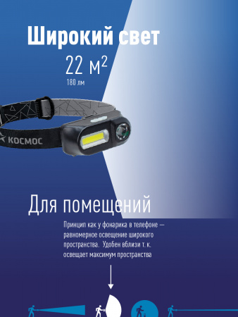 Фонарь налобный аккумуляторный , 3W, аккум. 3.7V 1.2Ah. 180Lm, 8 часов, Космос KocH3WDLith