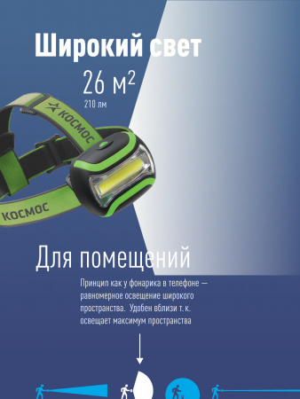 KOC-H3WCOBLED Фонарь налобный, 3W COB LED, 3 батарейки АА, 180Лм Космос 