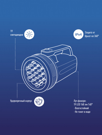 KOC860LED Фонарь-прожектор , 19 LED, 4 батарейки D, 190 lm, Космос 