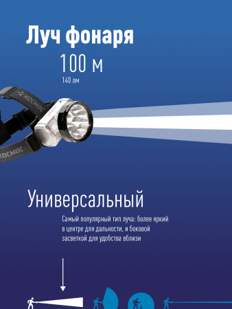 Фонарь налобный аккумуляторный , 10 LED, аккум. 3 АА, 140 Lm, 12 часов, Космос KOC-H10-LED KOCAccuH10LED