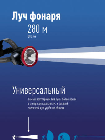 Фонарь налобный аккумуляторный , 5W LED, аккум. 4V 2Ah, 280 Lm, 3 часа, Космос KOCAccuH5WLED