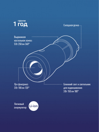 Фонарь-светильник аккумуляторный - 3W , кемпинг-7 W, аккум. 3.7V 1.2 Ah, 150Lm - 3 часа, 250 Lm - 3 часа, 180 Lm - 4 часа, Космос KOCAc6017LED