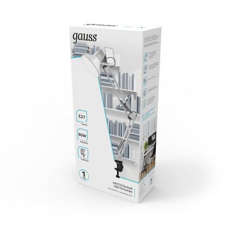 GT0011 Светильник настольный под лампу E27 х60 Вт 220-240В IP20 480х165 мм белый струбцина GTL GAUSS 