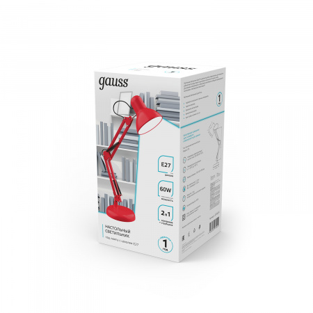 Светильник настольный под лампу E27 х60 Вт 220-240В IP20 300х150 мм Красный струбцина GTL Gauss GAUSS GT0024