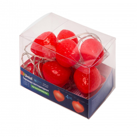 Гирлянда светодиодная на батарейках 2AA (не в/к) Клубника 4м 10 светодиодов Красный свет Провод прозрачный ULD-S0400-010/STB/2AA RED IP20 STRAWBERRY Uniel UL-00003394