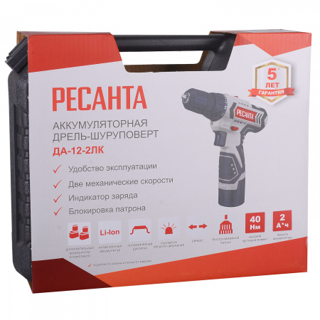75/14/2 Дрель-шуруповерт аккумуляторная ДА-12-2ЛК Ресанта 