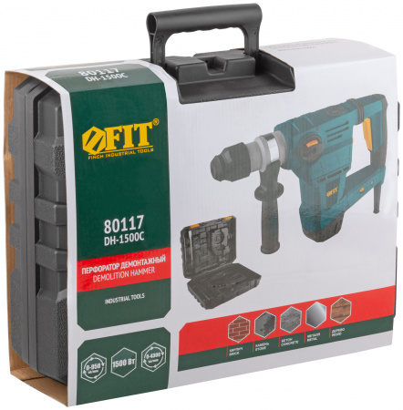 Перфоратор демонтажный 1500 Вт, 0-950 об/мин, 0-4300 уд/мин, 5 Дж, 3 реж., SDS-plus, БС щеток, 5.2 кг, кейс FIT 80117