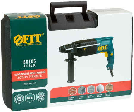 Перфоратор монтажный 620 Вт, 0-870 об/мин, 0-3900 уд/мин, 2.6 Дж, 3 реж., SDS-plus, реверс, 3.1 кг , кейс FIT 80103