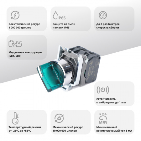 SB4BK123B5 Пер-ль SB4 с подсвет в сборе 22мм 2поз зел с фикс металл 24В DC 1НО+1НЗ Systeme Electric 
