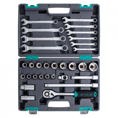 14102 Набор инструментов, 1/2, CrV, пластиковый кейс 31 предмет STELS 