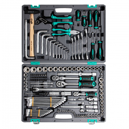 Набор инструментов, 1/2.3/8. 1/4, CrV, пластиковый кейс 142 предмета STELS 14107