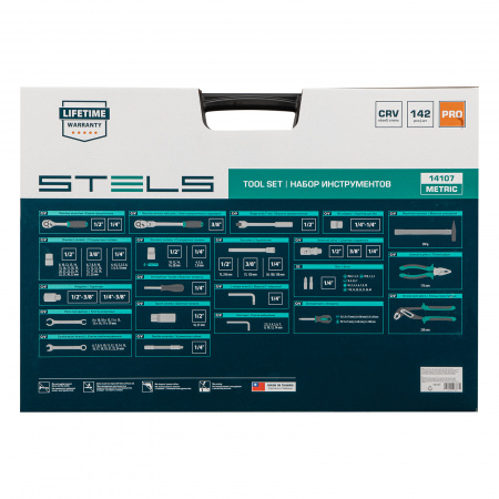 Набор инструментов, 1/2.3/8. 1/4, CrV, пластиковый кейс 142 предмета STELS 14107