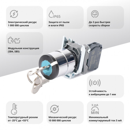 SB4BG21 Переключатель SB4 в сборе модульный 22мм 2 позиции с фиксацией ключ 1пол 1НО Systeme Electric 