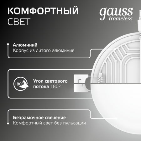 Светильник светодиодный ДВО 18 Вт 1800 лм 4000К AC 220В IP20 круг D120х27мм монт d106мм Пластик безрамочный Frameless Gauss GAUSS 967511218