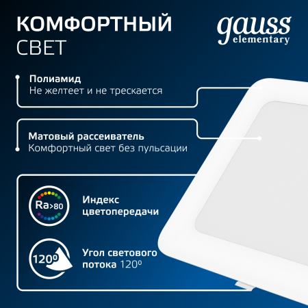 Светильник светодиодный ДВО 26 Вт 2250 лм 4000К AC 220В IP20 квадрат 225х225х26мм монт разм 190х190мм Пластик Elementary Gauss GAUSS 998520224