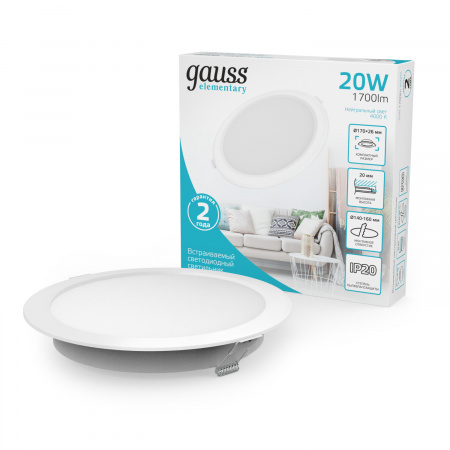 Светильник светодиодный ДВО 20 Вт 1700 лм 4000К AC 220В IP20 круг D170х26мм монт d140мм Пластик Elementary Gauss GAUSS 997420218