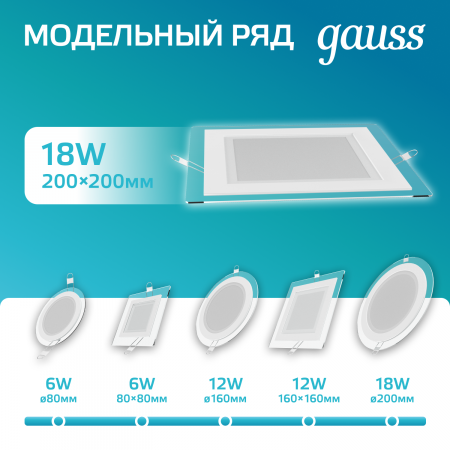 Светильник светодиодный ДВО 18 Вт 1480 лм 4000К AC 220В IP20 квадрат 200х200х36мм монт разм 170х170мм Алюминий с декоративным стеклом Glass Gauss GAUSS 948111218