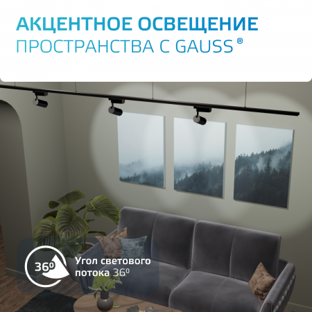 Светильник светодиодный трековый на шинопровод ДПО 16 Вт 1680 лм 4000К AC 220В Белый IP20 D85х206мм однофазный угол 36 грд Track Gauss GAUSS TR081