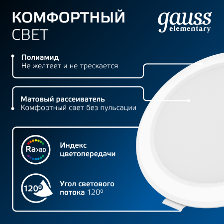 Светильник светодиодный ДВО 13 Вт 1000 лм 4000К AC 220В IP20 круг D145х26мм монт d120мм Пластик Elementary Gauss GAUSS 997420212