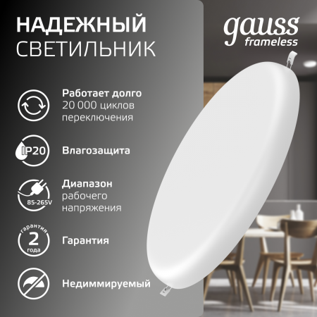 Светильник светодиодный ДВО 24 Вт 2400 лм 4000К AC 220В IP20 круг D170х27мм монт d155мм Пластик безрамочный Frameless Gauss GAUSS 967511224