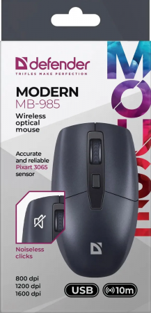 Мышь беспроводная оптическая Modern MB-985, 4D, 800-1600 dpi, бесшумная, черный Defender 52985