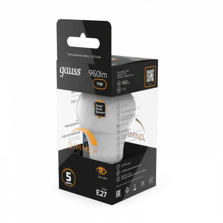 Лампа светодиодная LED 11 Вт 960 лм 3000К А60 груша теплый E27 AC 220В диммируемая Black Gauss GAUSS 102502111-D