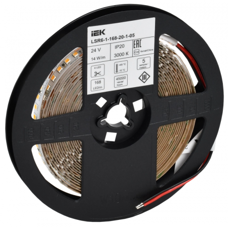 LSR6-1-168-20-1-05 Лента светодиодная 5м SMD2835 168LED/м 14Вт/м IP20 ширина 10мм 24В теплый белый IEK 