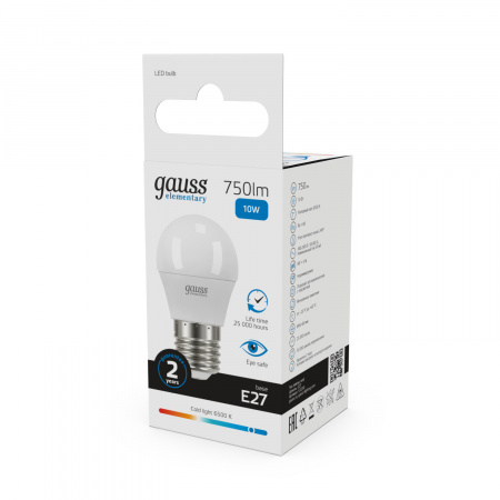 Лампа светодиодная LED 10 Вт 750 лм 6500К шар P45 холодный E27 AC 220В Elementary Gauss GAUSS 53230