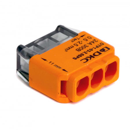 Клемма строительно-монтажная (СМК) на 3 проводника до 2.5 кв. мм. на токи до 24А (оранжевая) DKC DTP1-03-2.5SPS