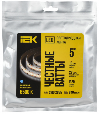 Лента светодиодная 5м SMD2835 240LED/м 22Вт/м IP20 ширина 10мм 24В холодный белый IEK LSR6-2-240-20-1-05