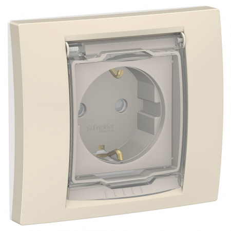 Розетка UNICA NEW с заземлением со шторками с крышкой IP44 бежевый Schneider Electric NU003744