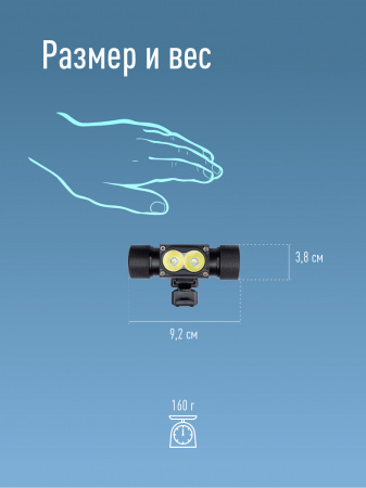Фонарь налобный велосипедный аккумуляторный 10Вт LED/съемнLi-ion18650 1200mAh/алюминий/USBшнур, Космос KOS501Lit