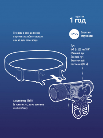 Фонарь налобный велосипедный аккумуляторный 10Вт LED/съемнLi-ion18650 1200mAh/алюминий/USBшнур, Космос KOS501Lit