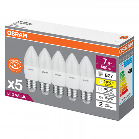 Лампа светодиодная LED 7 Вт E27 3000К 560Лм свеча 220 В (замена 60Вт) OSRAM LEDVANCE 4058075578012