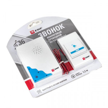 Звонок проводной на батарейках (белый-голубой 36 мелодий шнур 1.2м с индикацией 2х1.5В АА) Basic EKF DBW-001