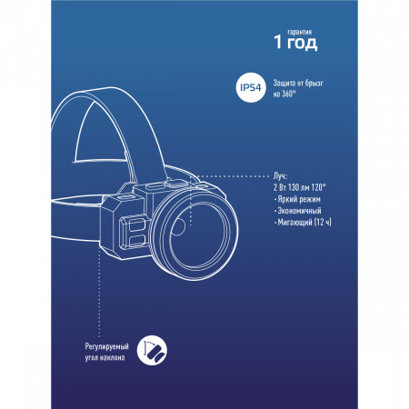 Фонарь налобный аккум/2ВтLED/Li-ion 14500 500mAh/ABS-пластик/USB-шнур type C Космос KOC516Lit